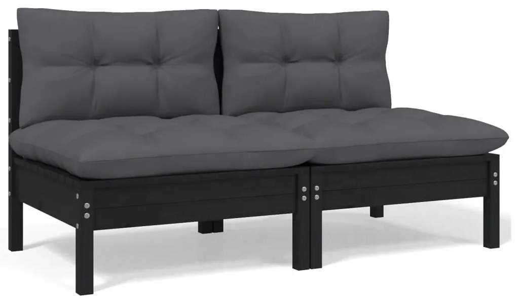 vidaXL Sofá de jardim 2 lugares com almofadões pinho maciço preto