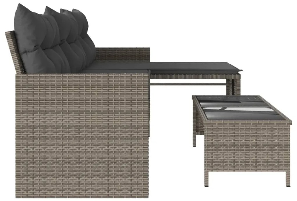 Sofá de jardim forma de L c/ mesa e almofadões vime PE cinzento