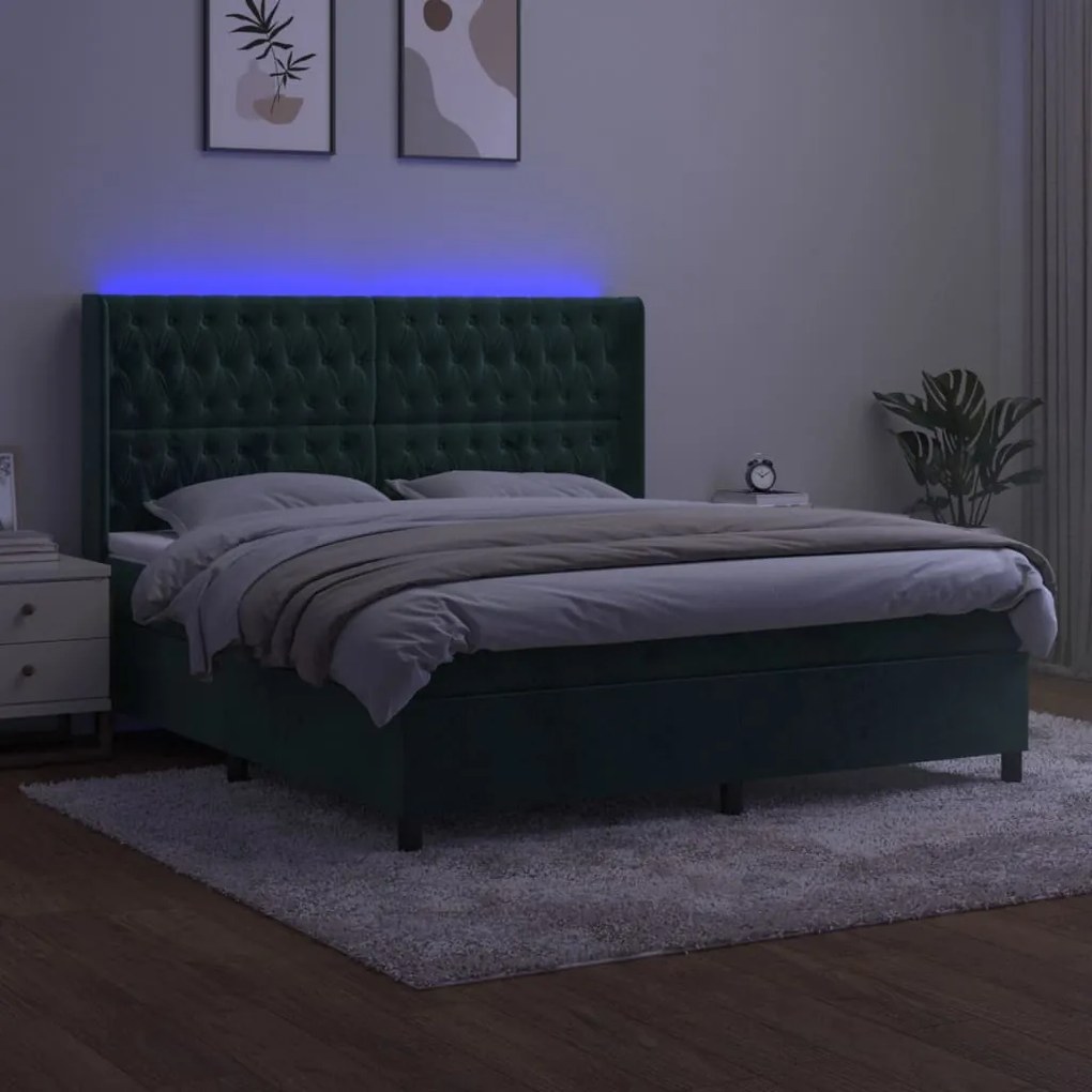 Cama box spring c/ colchão/LED 160x200 cm veludo verde-escuro