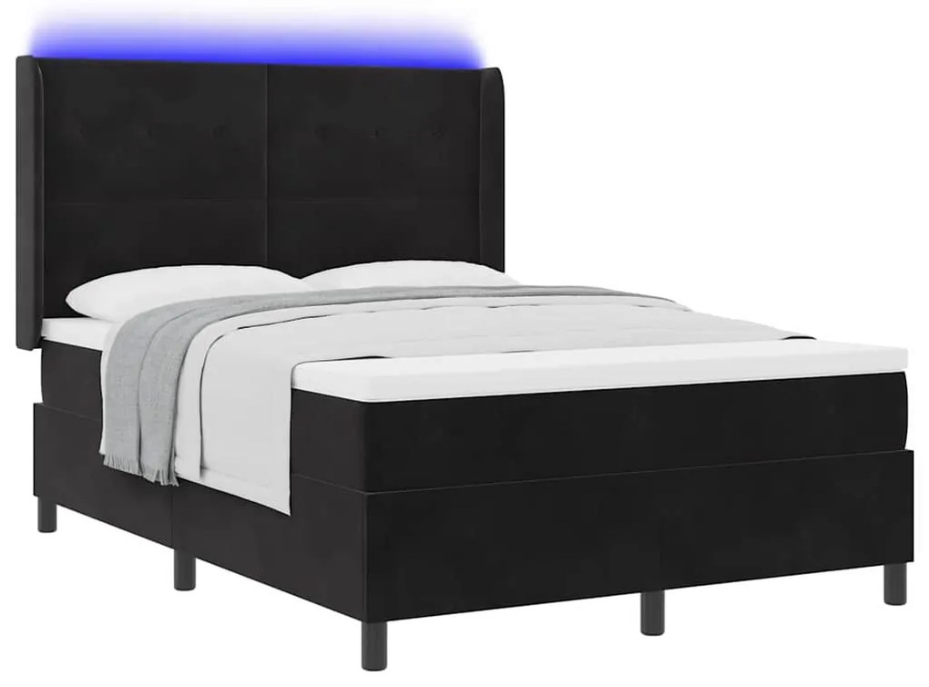Cama Box Spring com Colchão &amp; LED Preto 140x190 cm Veludo