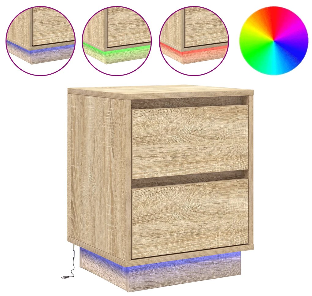Mesa de Cabeceira com Luzes LED Carvalho Sonoma 39x34,5x50 cm