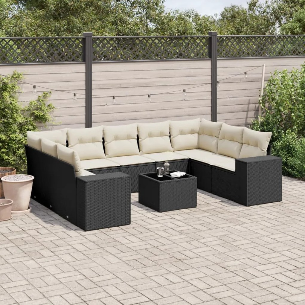 10 pcs conjunto sofás de jardim c/ almofadões vime PE preto