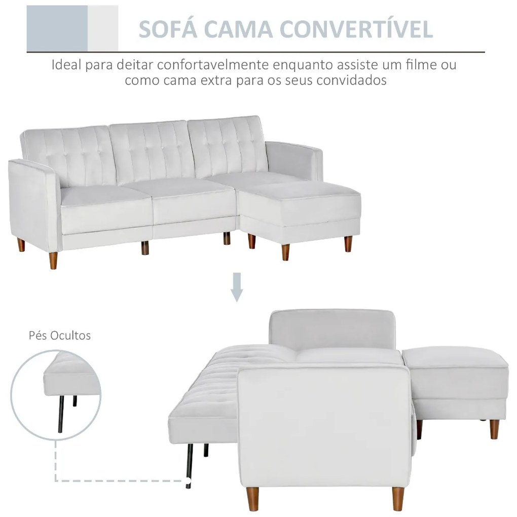 Sofá Cama com Chaise Longue de 3 Lugares Tato Aveludado com Encosto Ajustável e Apoio para os Pés Móvel 218x85x86cm Cinza Claro