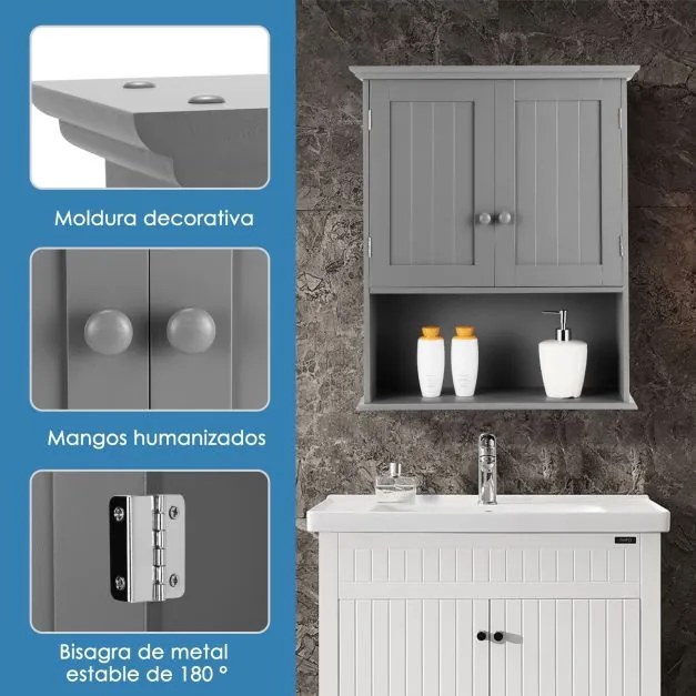 Armário de parede para casa de banho com prateleira interna regulável em altura 60 x 20 x 70,5 cm Cinzento