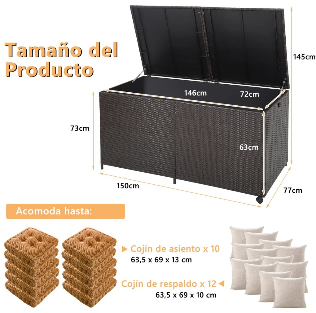 Caixa de arrumação exterior 150 x 77 x 73 cm em vime 662 L para terraço em rattan com 2 rodas universais para pátio exterior Castanho misto