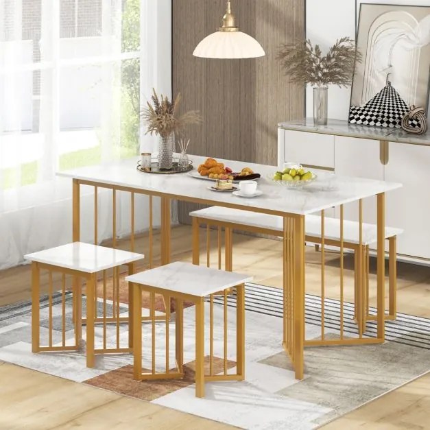 Conjunto de jantar 4 peças Mesa retangular com banco e 2 bancos Pernas de metal em grão de mármore Branco + dourado