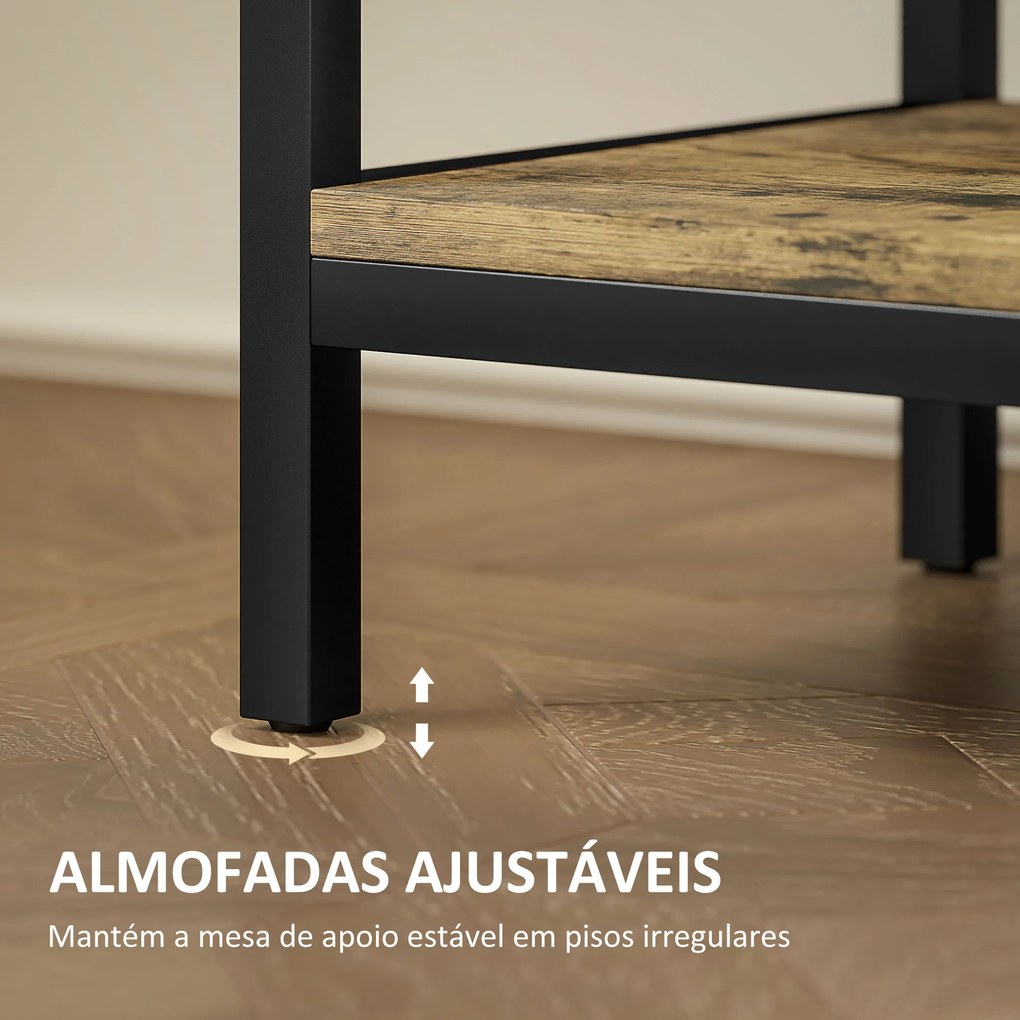 Mesinha Auxiliar Industrial com Estação de Carga Gaveta e Prateleiras Abertas 60x30x66,5 cm Castanho Rústico