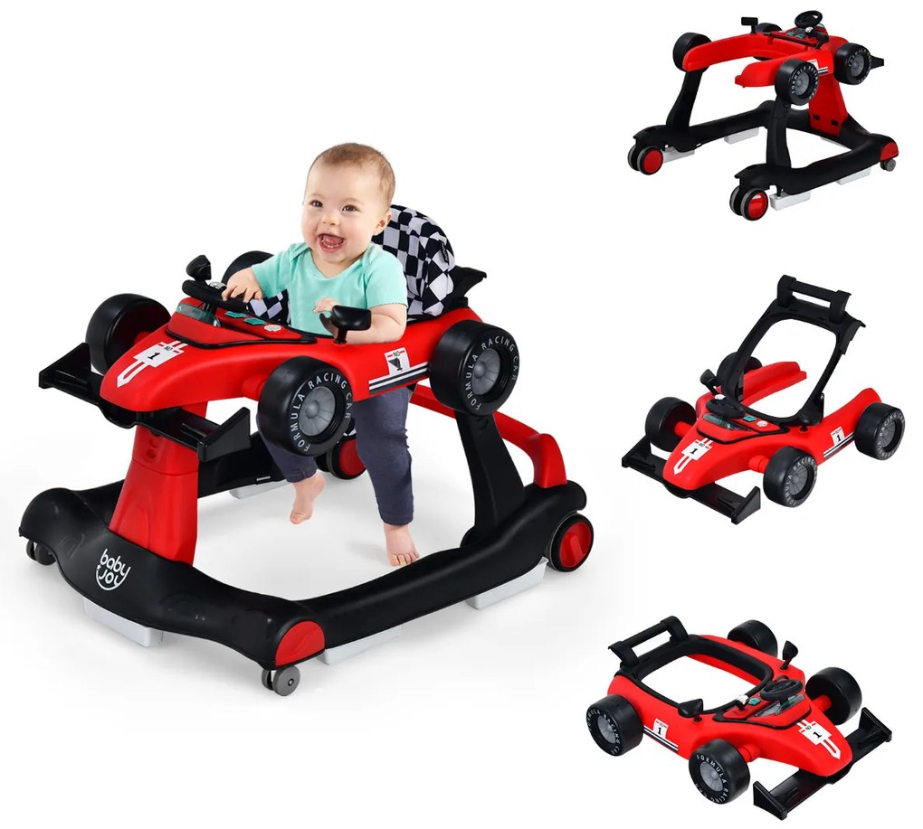 Andador 4 em 1 para crianças, dobrável, atividade de empurrar, com altura ajustável e carrilhão de velocidade com luzes, volante Vermelho