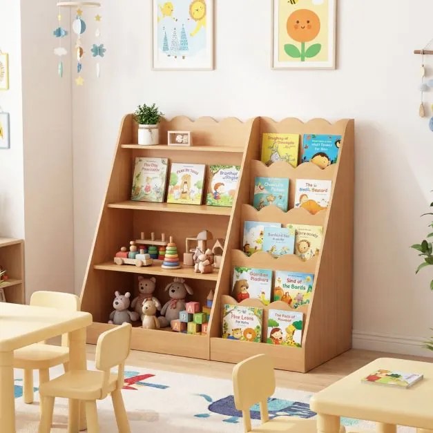 Estante infantil para livros 90 x 40 x 80,5 cm com espaço de arrumação aberto para quarto, sala de jogos e creche, estilo natural