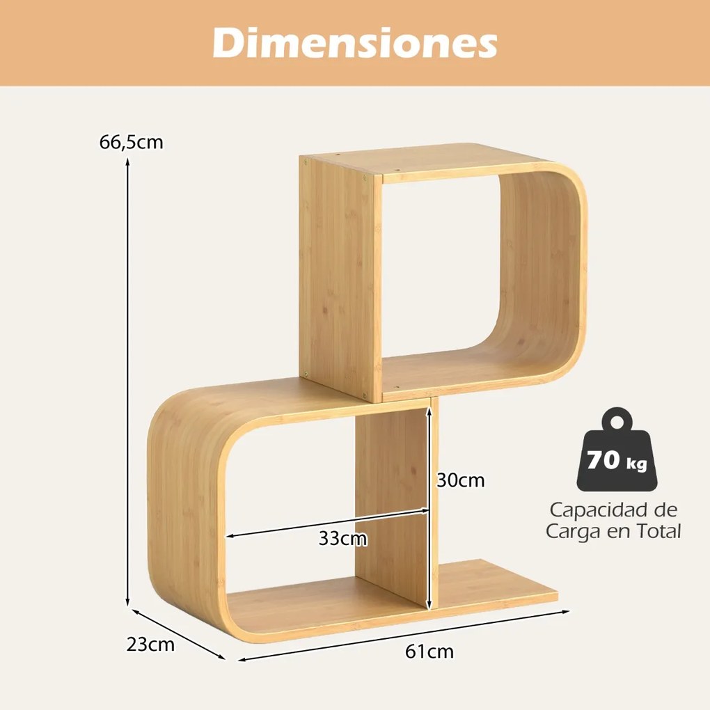 Estante de bambu de 2 níveis em forma de S com 2 cubos abertos geométrica para escritório em casa Natural