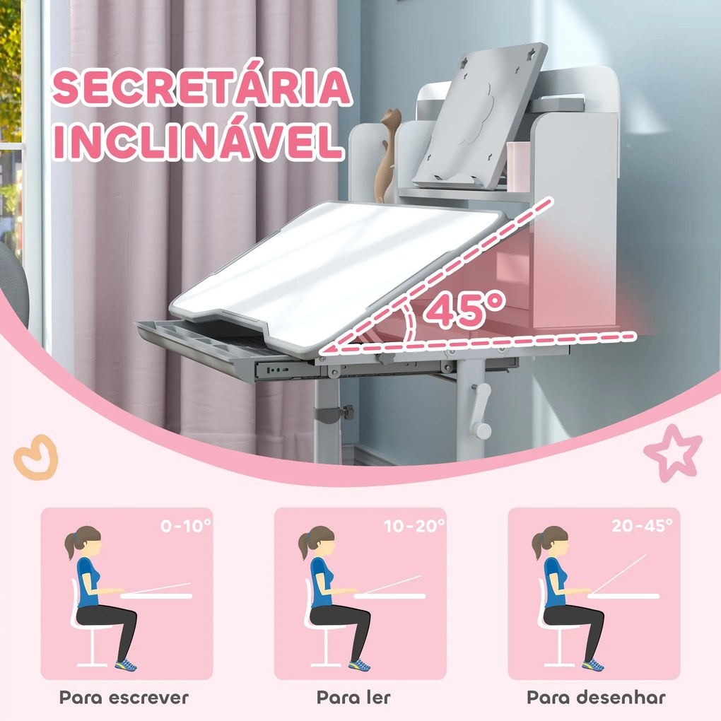 Conjunto de Secretária e Cadeira para Crianças Secretária Infantil Altura Ajustável 80x55x107,5 cm Cinza