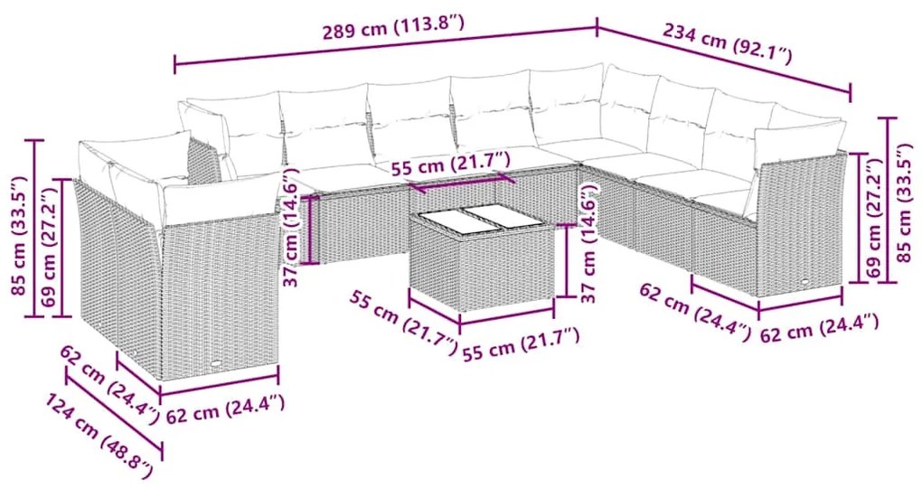 11 pcs conjunto sofás de jardim c/ almofadões vime PE cinzento