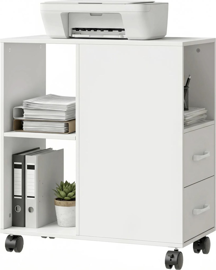 Suporte para impressora 60 x 30 x 65 cm, móvel de arrumação com rodas, gavetas, prateleira ajustável e compartimento aberto, branco