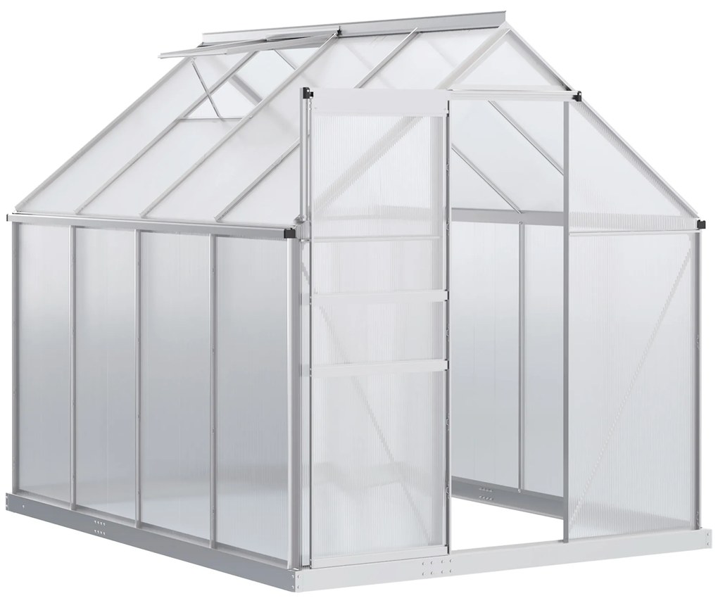 Outsunny Estufa de Jardim de Policarbonato e Alumínio Estufa de Exterior com Porta Corredeira e 2 Clarobóias para Cultivo de Plantas Sementes 190x253x199cm Transparente