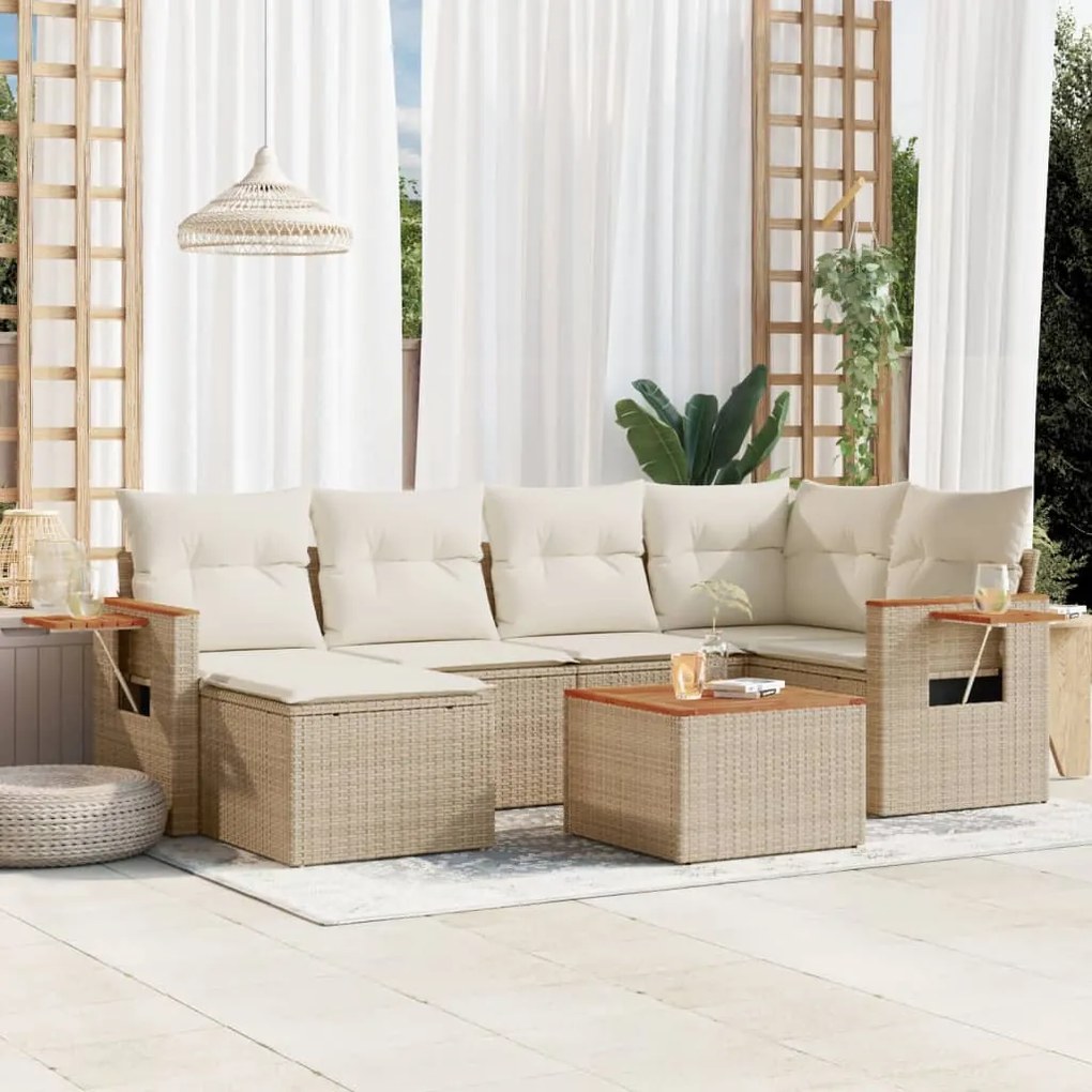 7 pcs conjunto de sofás p/ jardim com almofadões vime PE bege