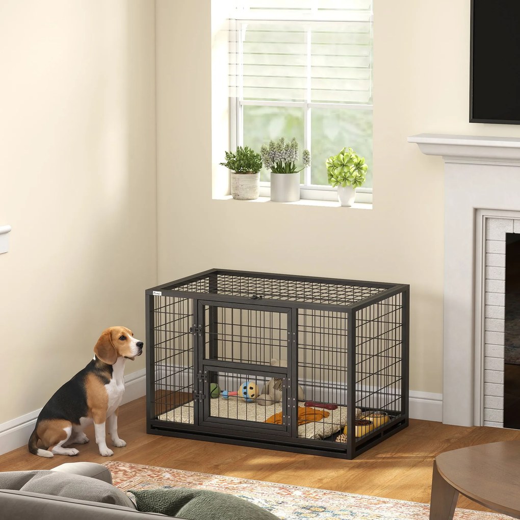 Gaiola robusta para cães 94 x 60 x 64 cm, casota interior com compartimentos abertos e porta para alimentação, em aço , preta