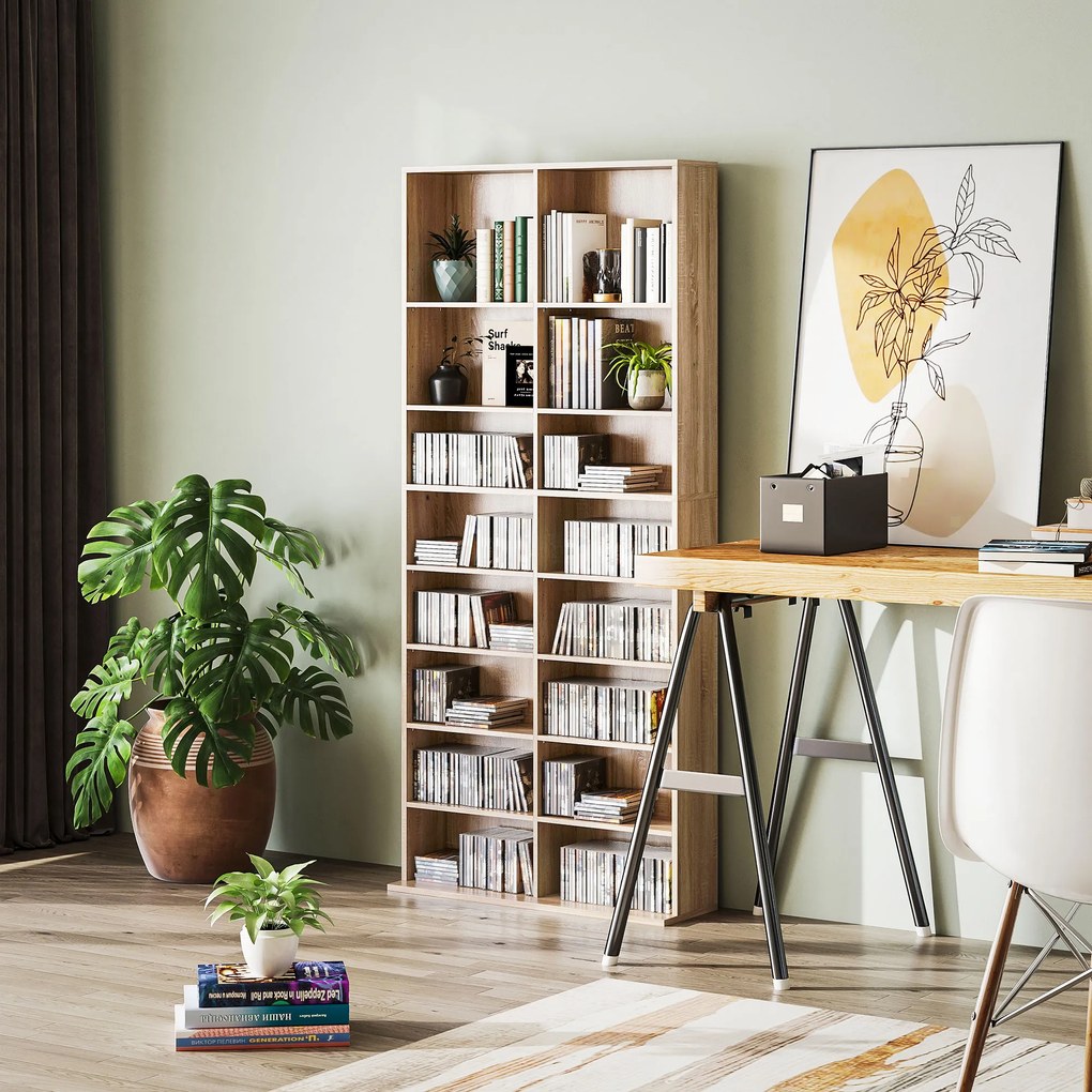 Organizador para CD e DVD com 18 compartimentos, capacidade máxima de 640 CD/360 DVD/430 Blu-ray, 78,5 x 24 x 175 cm, madeira natural