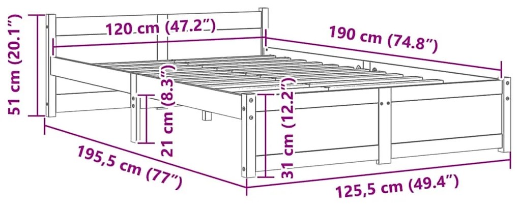 Estrutura de cama pequena casal 120x190 cm pinho maciço