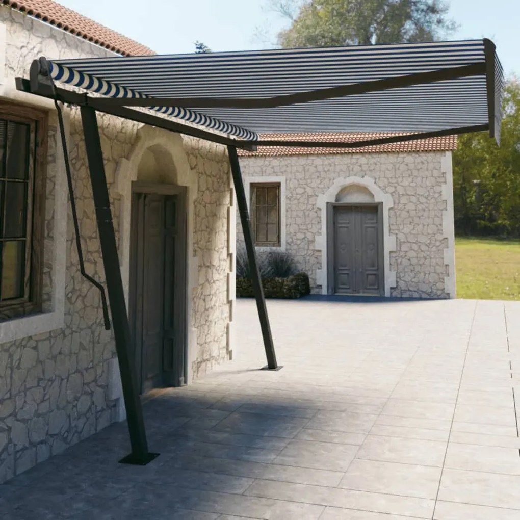 vidaXL Toldo retrátil manual com postes 4,5x3 m azul e branco