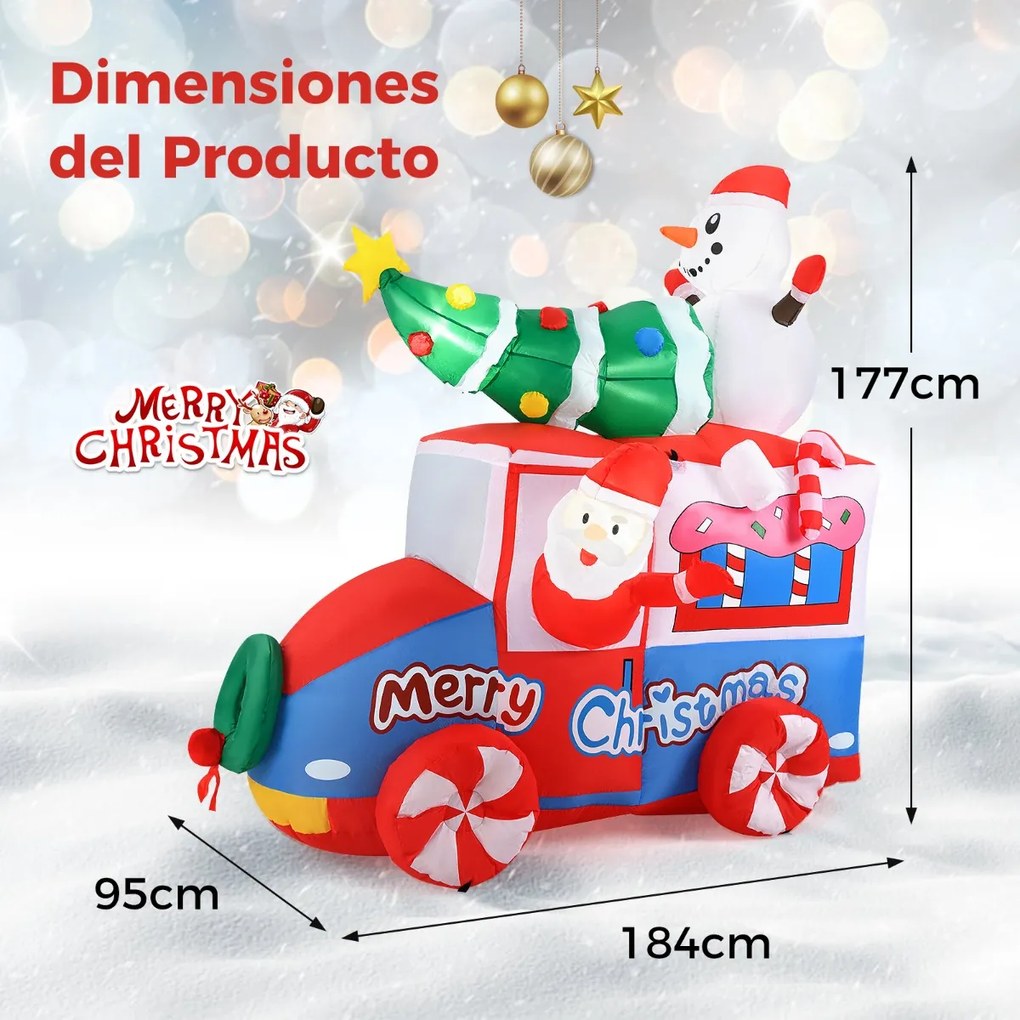 Pai Natal insuflável de 177 cm em carro de Natal Veículo festivo com boneco de neve, árvore de Natal e coroa de flores 5 luzes LED e Ventilador Multi