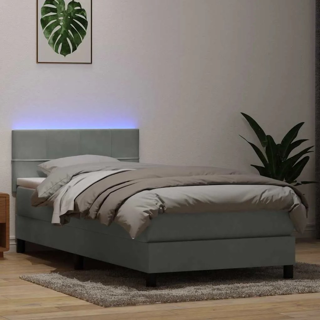 vidaXL Cama box spring c/ colchão e LED cinzento-claro 80x210 cm veludo