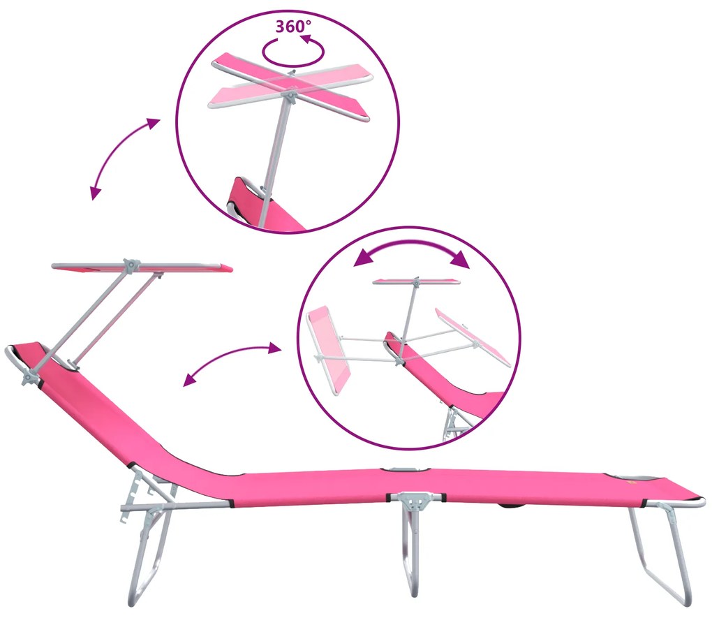 Espreguiçadeiras Dobráveis 2 pcs com Toldo Rosa Tecido Oxford 600D