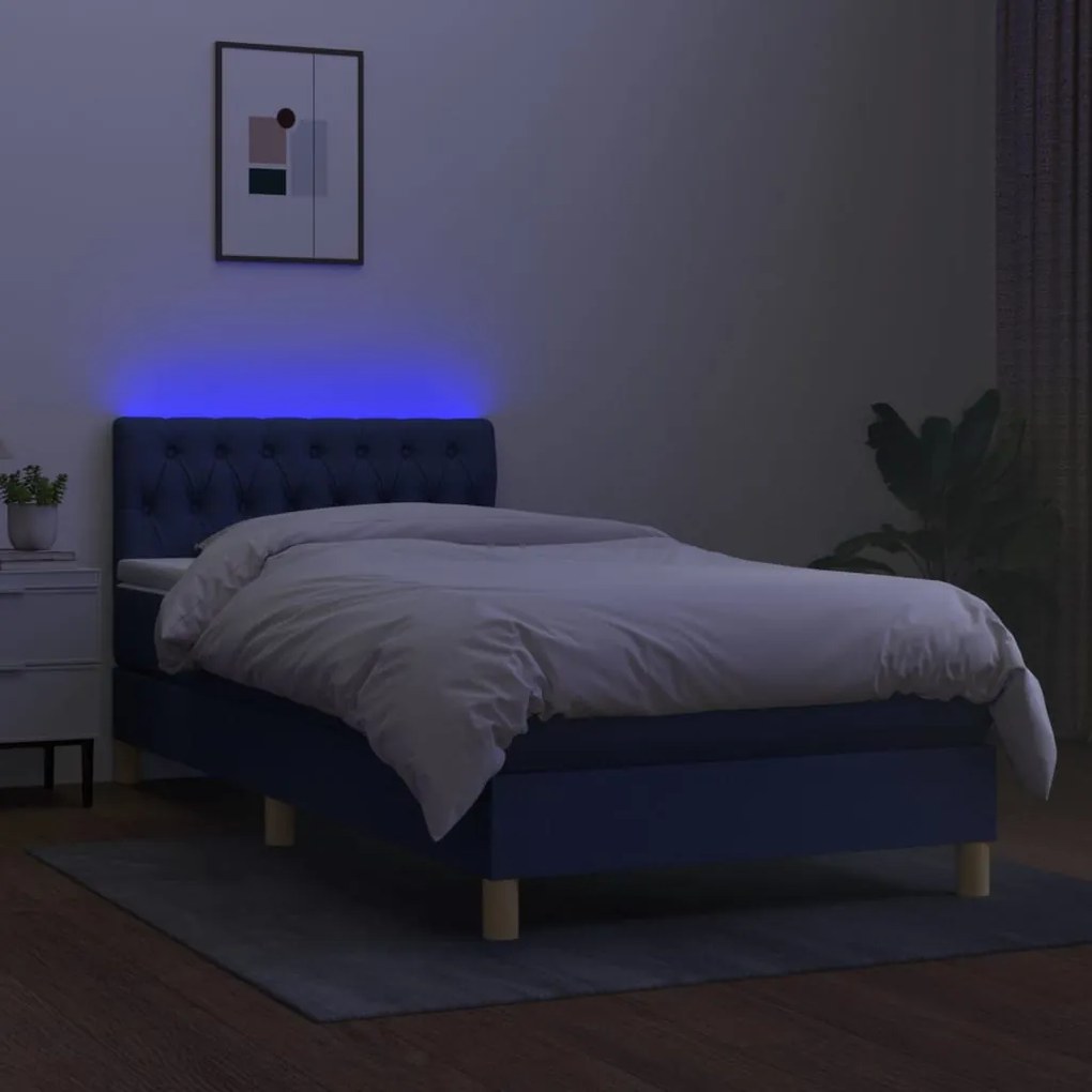 Cama box spring c/ colchão e LED 90x200 cm tecido azul