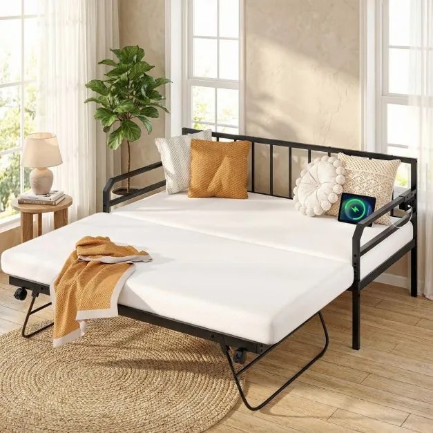 Sofá-cama individual com luzes LED205 x 90 x 96,5 cm (COLCHÕES NÃO INCLUIDOS), base metálica e cama extra extraível, estação de carregamento integrada