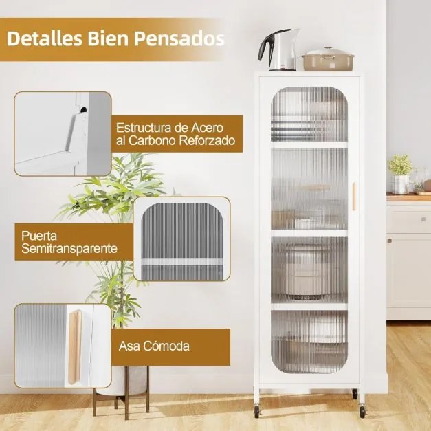 Armário Cozinha metálico 45 x 40 x 141 cm de 5 níveis Despensa de cozinha alta e estreita com prateleiras ajustáveis e porta semitransparente branco