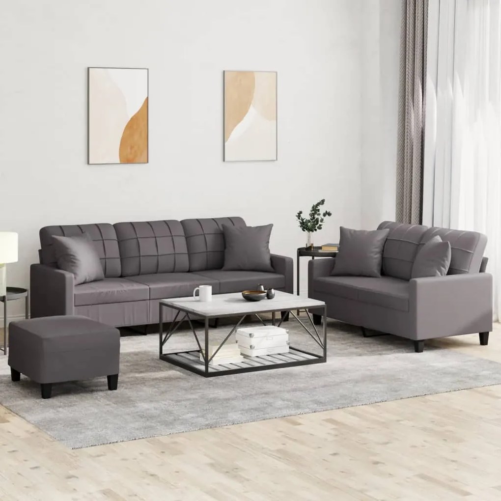3201395 vidaXL 3 pcs conjunto de sofás com almofadas couro artificial cinzento