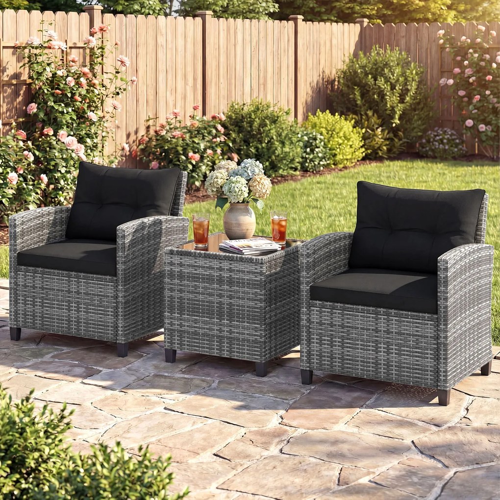 Conjunto de jardim de 3 peças, composto por cadeiras de rattan e mesa com tampo de vidro temperado para pátio, rattan em mistura de cinzento com almof