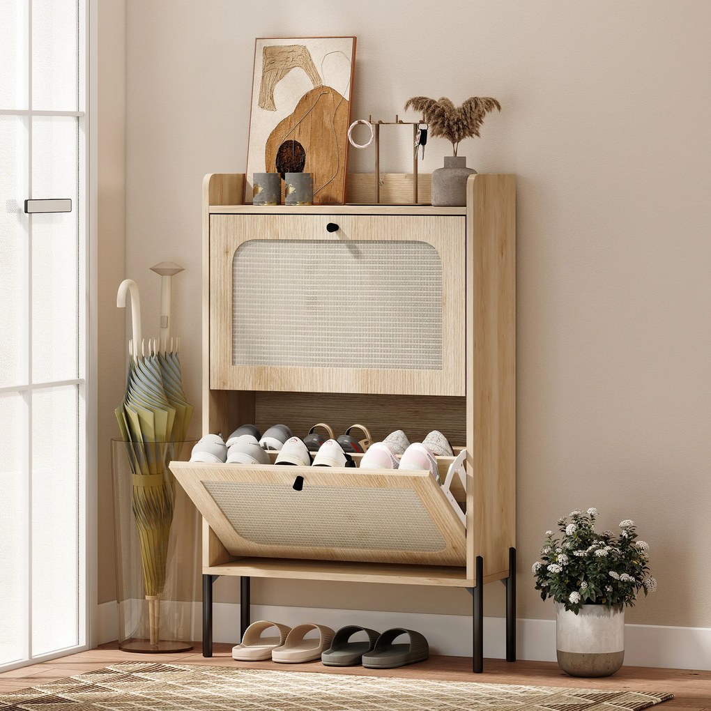 Sapateira com capacidade para 12 pares, 60 x 23,7 x 99,5 cm, 2 gavetas rebatíveis, portas em rattan e prateleiras ajustáveis, cor carvalho