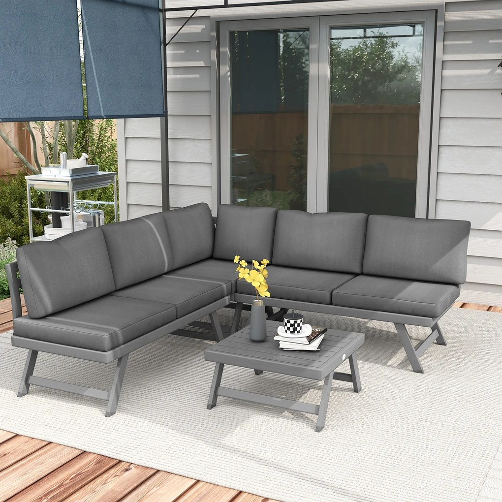 Conjunto de jardim de canto e conversível de 4 peças, com 2 bancos, 1 poltrona de canto e 1 mesa de centro
