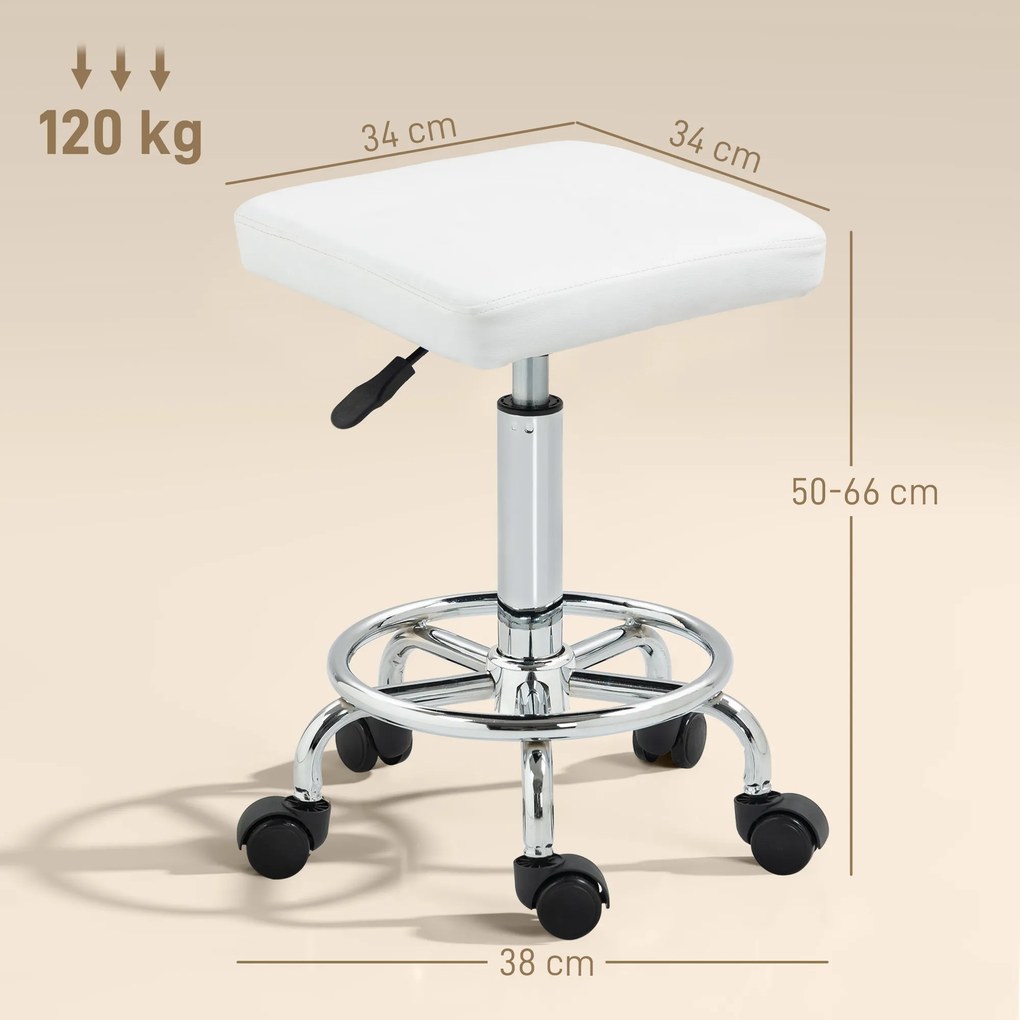 Banco Giratório com Rodas Altura Regulável 50-66 cm Assento Estofado em Imitação de Couro  34x34x50-66 cm Branco