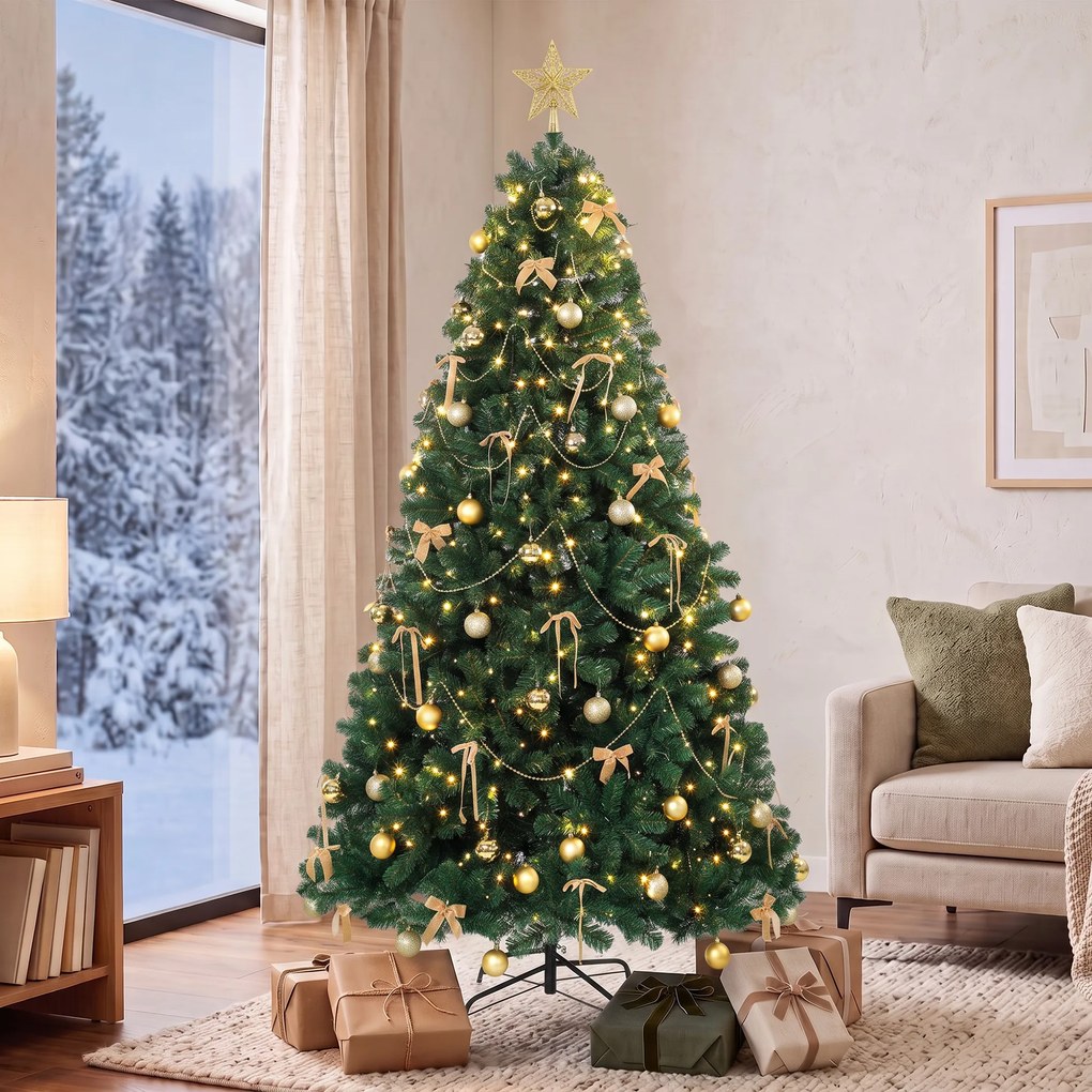 Árvore de Natal Decorativa 180 cm com 240 LED, 755 Pontas Ignífugas, Estrela, 30 Bolas, 18 Laços e Decoração Dourada, Verde