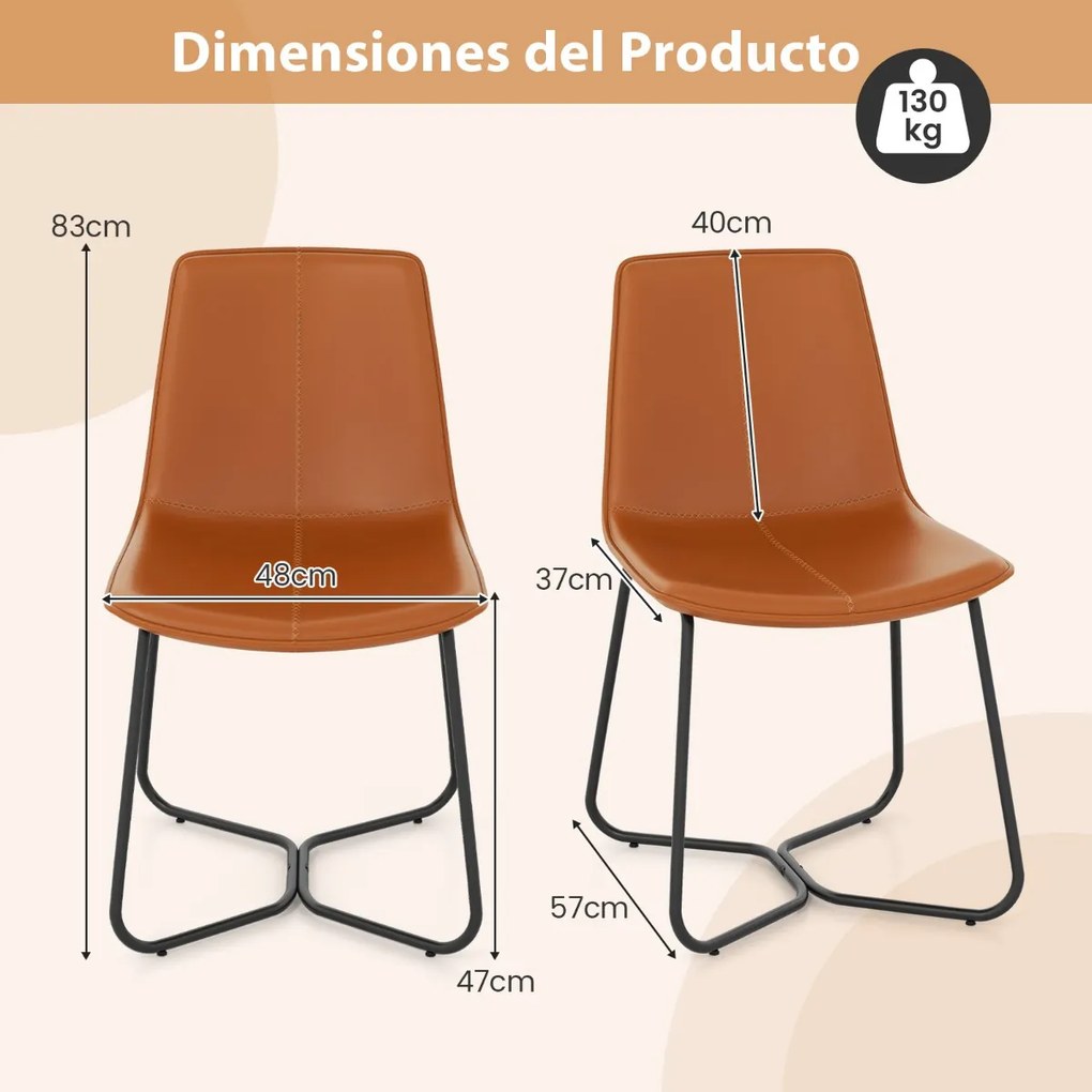 Conjunto 2 Cadeiras de Jantar com Estofos em Pele Sintética e Pernas Metálicas Costura Vintage 57 x 48 x 83 cm Castanho