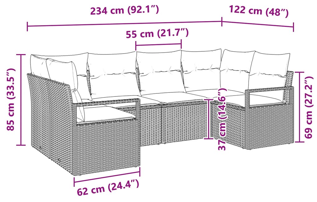 Conjunto de Sofá de Jardim de 6 Peças com Almofadas Bege Rattan PE