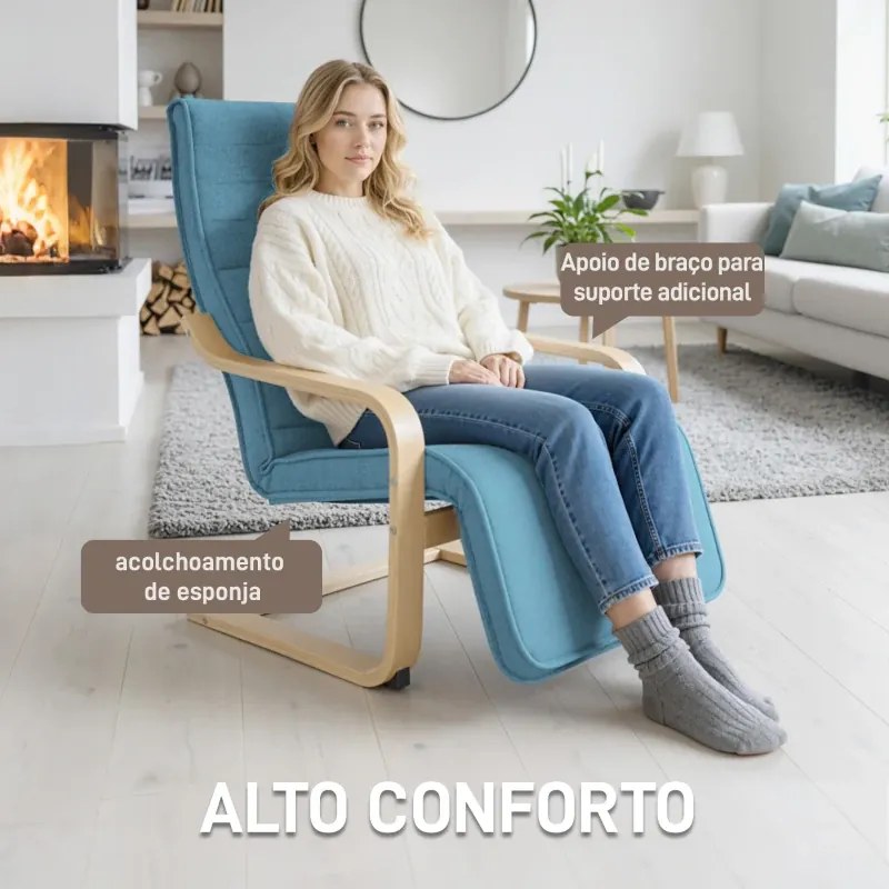 Poltrona Relax com Apoio para os Pés Ajustáveis Poltrona Estofada em Tecido com Estrutura de Madeira 66,5x94x100 cm Azul