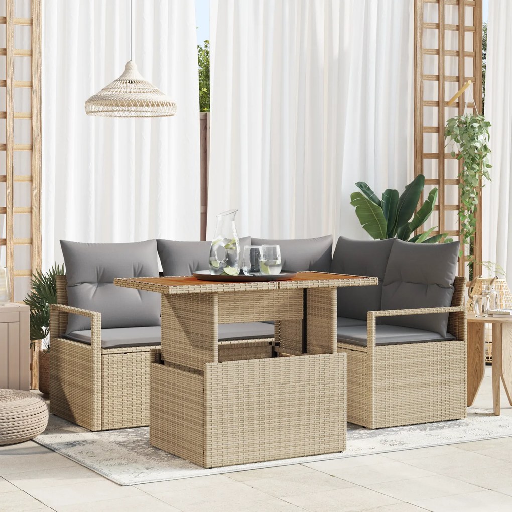 Conjunto de Sofás de Jardim vidaXL de 5 Peças com Almofadas Bege Rattan Poly Acácia