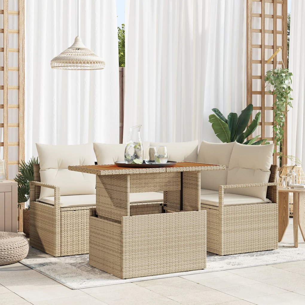 Conjunto de Sofá de Jardim vidaXL de 5 Peças com Almofadas Bege de Rat