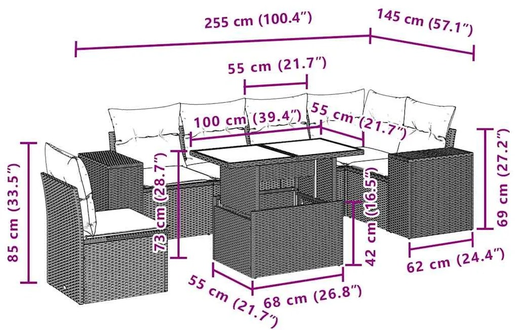 7 pcs conjunto de sofás p/ jardim c/ almofadões vime PE preto