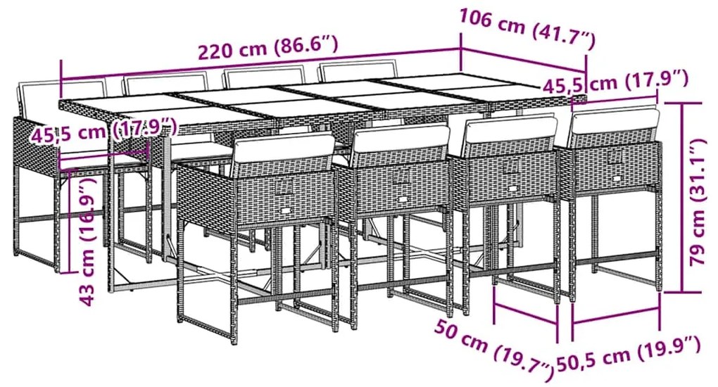 9 pcs conjunto de jantar p/ jardim c/ almofadões vime PE cinza