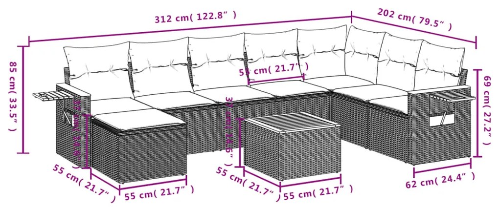 9 pcs conjunto de sofás p/ jardim com almofadões vime PE bege