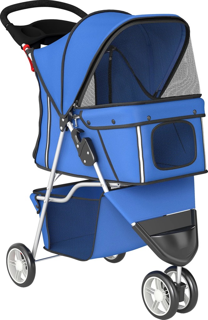 PawHut Carrinho para Cães Pequenos com Cesto de Armazenamento Janelas de Malha e Cinto de Segurança 77x44x102 cm Azul | Aosom Portugal