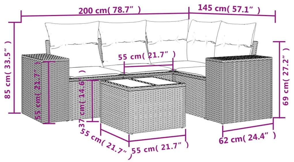 5 pcs conj. sofás jardim c/ almofadões vime PE cinzento-claro