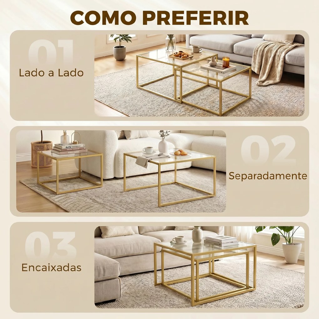 2 Mesas de Centro Ninho Modernas com Vidro Temperado e Estrutura Metálica 75x75x42 cm Dourado