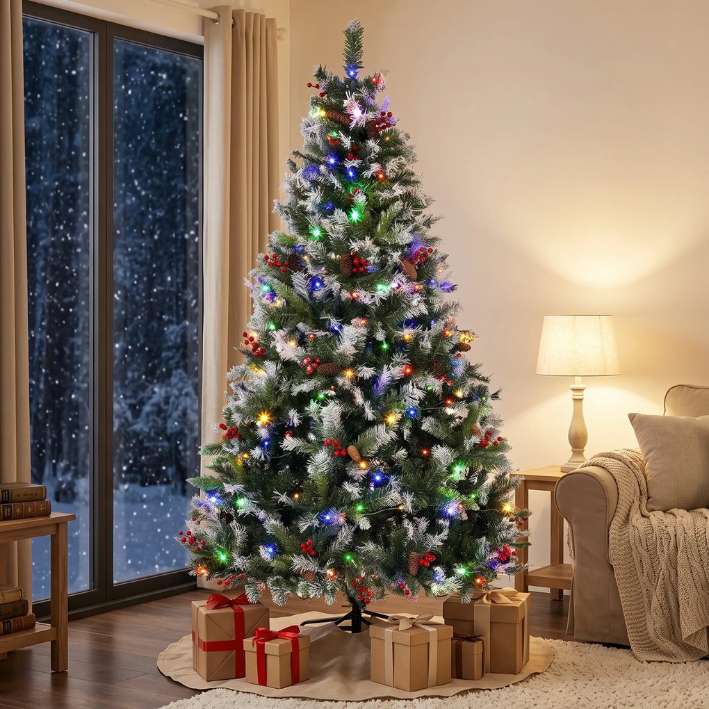 Árvore de Natal Nevada 180 cm com 250 LED 11 Modos Comando à Distância 840 Pontas 34 Pinhas e 34 Bagas Verde