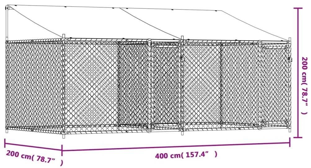 Jaula para cão com telhado/portas 4x2x2 m aço galvanizado cinza