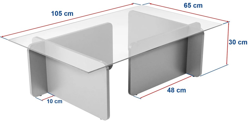 Mesa de Centro "Flavio" – Vidro Temperado e Cinzento, 105x65x30 cm, De