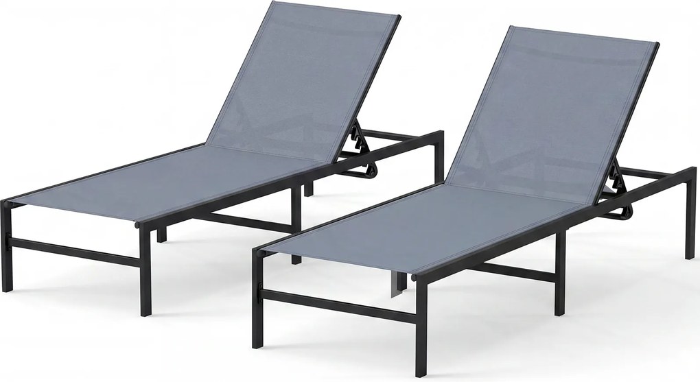 Conjunto de 2 Espreguiçadeiras de Exterior, 64 x 198 x 67-103 cm, Encosto Ajustável em 6 Níveis, Cinzento